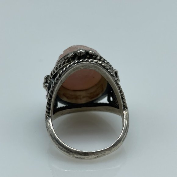Vintage Pink Carved Stone Cab Flowers Bali Design Sterling Silver SIZE 5.25 Ring - Picture 5 of 5